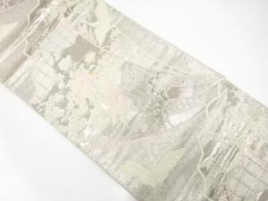 アンティーク　プラチナ箔二重織　扇に御所車・花模様織り出し袋帯（材料）